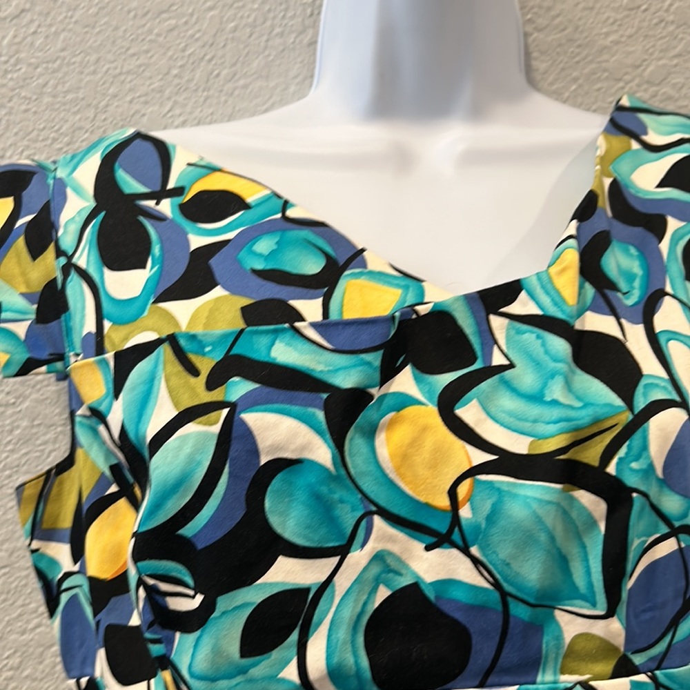 Adrianna Papell Multicolor Teal Blue Yellow Printed Sheath Dress - Picture 4 of 12